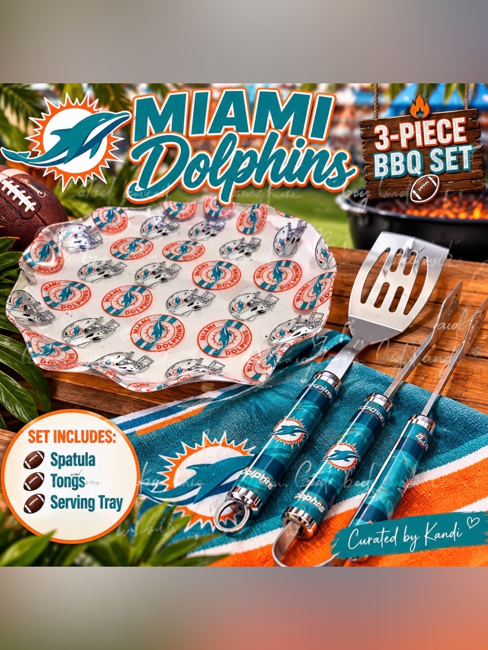 NFL Miami Dolphins Teal and Orange 3-Piece BBQ Serving Set